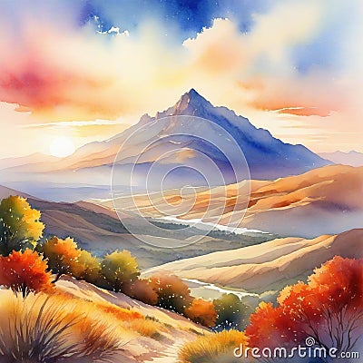 american landscape watercolor sky mountain cloud nature Cartoon Illustration
