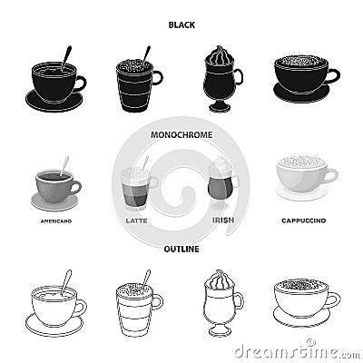 American, late, irish, cappuccino.Different types of coffee set collection icons in black,monochrome,outline style Vector Illustration