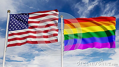 American and LGBT flags over blue sky. American gay parade, concept of pride, freedom, elections, voting, rainbow flag Stock Photo