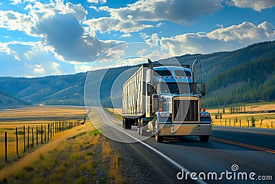 American long-nose semitruck on a highway Stock Photo