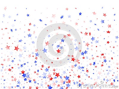 Flying red blue white star sparkles on white vector american patriotic background. Vector Illustration