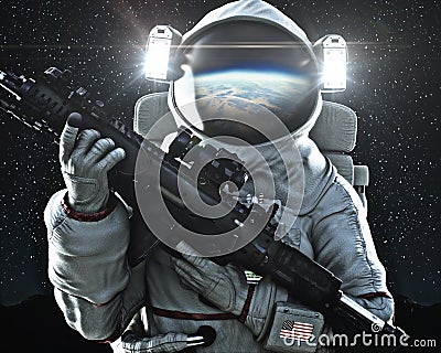 American military space force soldier holding a weapon with Earth`s reflection in the helmet. Stock Photo