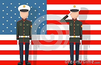 American military veteran ceremonial dress stands attention salutes flag background flat icon vector illustration Vector Illustration