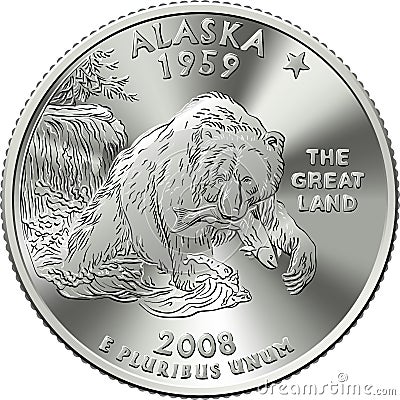 American money quarter 25 cent coin Alaska Vector Illustration