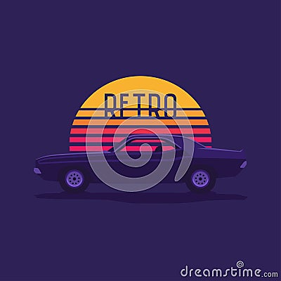 American muscle car on the background of a striped retro sun wave. Vector Illustration