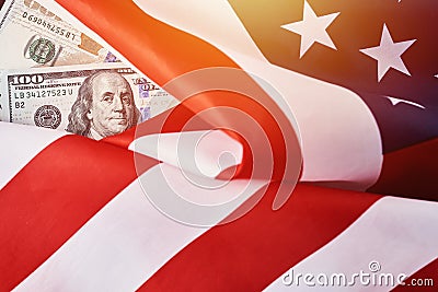 American natiinal flaf and usd dollar bills close up Stock Photo