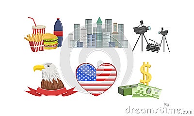 American National Symbols and Attractions Collection, United States of America Traditional Signs Vector Illustration Vector Illustration