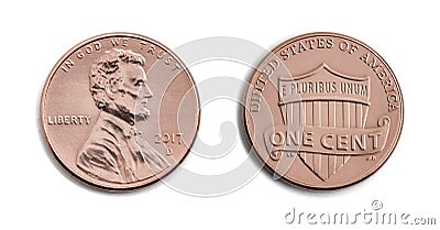 american one cent, USA 1 c, bronze coin isolate on white background. Abraham Lincoln on copper coin realistic photo image - both Stock Photo