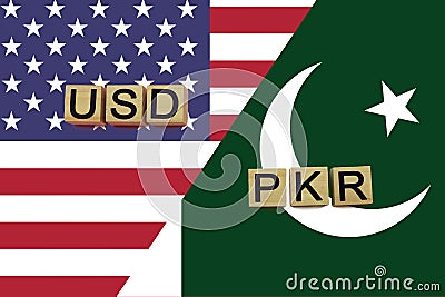 American and Pakistani currencies codes on national flags background Stock Photo