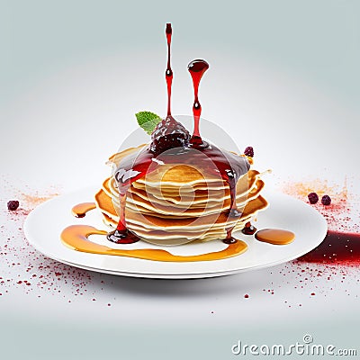 American pancake with jam and frozen raspberry on white background Stock Photo