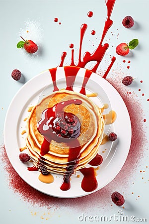 American pancake with jam and frozen raspberry on white background Stock Photo