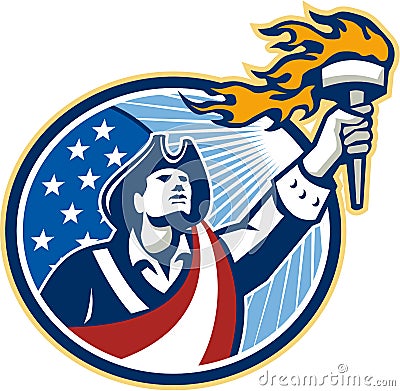 American Patriot Holding Torch Stars Stripes Flag Stock Photo