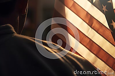 American patriot soldier concept over american flag background. Neural network AI generated Stock Photo