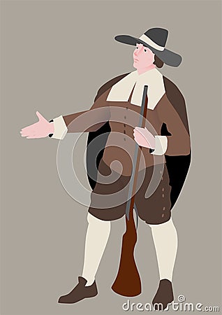 The American pilgrim, vector illustration by Thanksgiving Day. The man in a traditional suit and gun. Vector Illustration