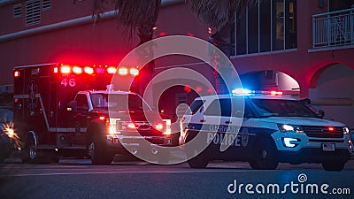 American Police Car and Emergency truck with Blue and red lights. US Paramedic Fire Rescue resuscitation help. Investigation Crime Editorial Stock Photo
