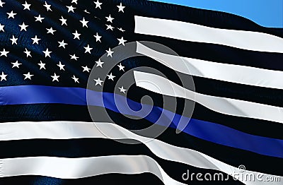 American police flag. Thin blue line flag law enforcement symbol. American Flag with Thin Blue Line. Grunge Aged Background. Stock Photo