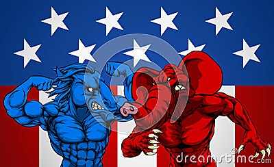 American Politics Elephant Donkey Fight Vector Illustration