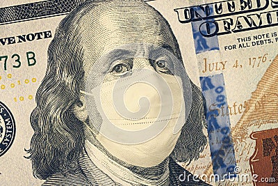 American President with face mask against CoV infection. 100 dollar banknote. Coronavirus in United States. Concept Stock Photo