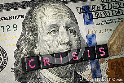 American President on a hundred-dollar bill is surprised by the crisis. inscription crisis on the background of money Stock Photo