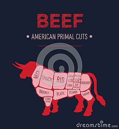 American primal beef meat cuts diagram Vector Illustration