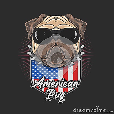 American pug with black glasses coll pug cute dog Vector Illustration