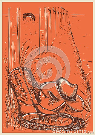 American Ranch with cowboy boots and hat. Vector Illustration