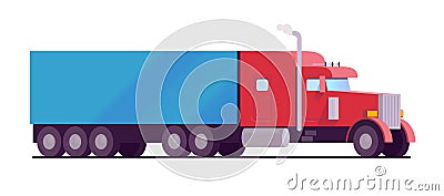 American rig big truck red color with a blue trailer cargo. delivery and logistics service concept Flat style isometry Vector Illustration