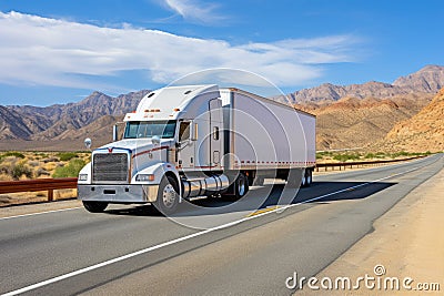 American road trip, featuring a powerful white classic truck against the backdrop of a scenic highway. AI Generated Stock Photo