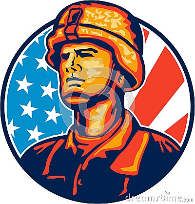 American Serviceman Soldier Flag Retro Vector Illustration