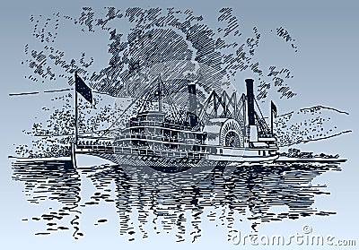 American side-wheel paddle steamer on river under cloudy sky Vector Illustration