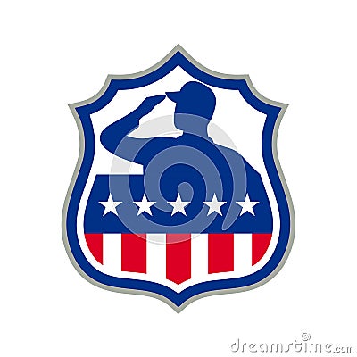 American Soldier Saluting USA Flag Crest Icon Vector Illustration