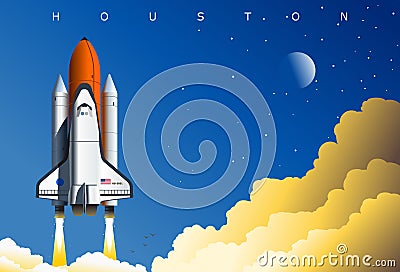 American space shuttle launch, symbolic illustration, Houston, TX, USA. Concept art poster dedicated to space exploration and the Vector Illustration