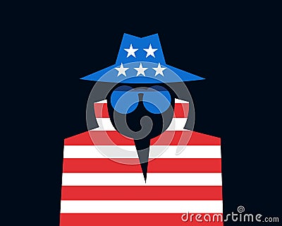 American spy is doing espionage - surveillance and control made by US. Intelliegence agency and secret police in the country. Vect Vector Illustration