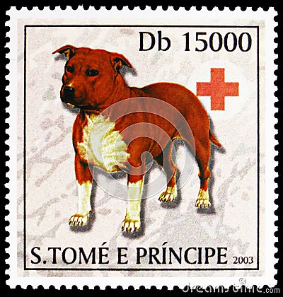 American Staffordshire terrier, Dogs and Red Cross emblem serie, circa 2003 Editorial Stock Photo