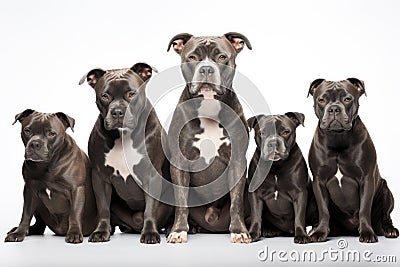 American Staffordshire Terrier Family Foursome Dogs Sitting On A White Background Stock Photo