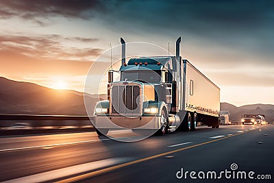 American-Style Truck Pulling a Load on the Highway. created with Generative AI Stock Photo