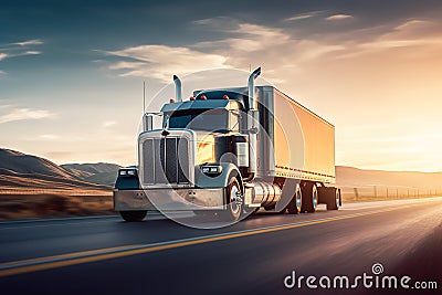 American-Style Truck Pulling a Load on the Highway. created with Generative AI Stock Photo