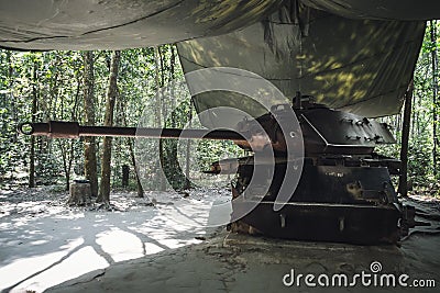 American Tank destroyed by Viet Congs in Cu Chi, Vietnam Stock Photo