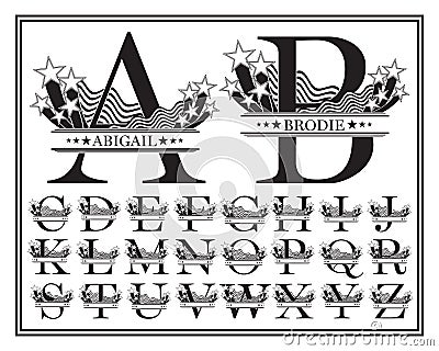 American themed monogram set of alphabet letters with copy space for name Vector Illustration