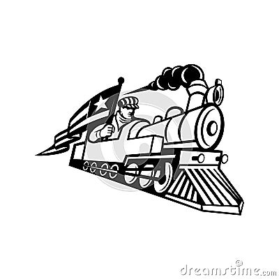 American Train Engineer Driving Steam Locomotive Mascot Black and White Vector Illustration