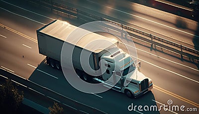 American truck pulling load on a freeway. Aerial drone shot. Generative ai illustration Stock Photo