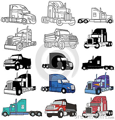 American Truck Trailer black and white illustration isolated on white Vector Illustration