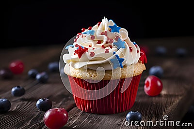 American vanilla sweet cupcake in color USA flag on dark background. Food for Patriotic Independence Day 4th of july. Stock Photo