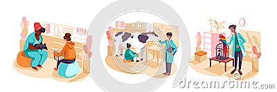 American veterinarian sitting near owner and holding rabbit. Lady bandaging hoof to cow Vector Illustration