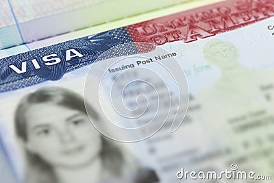 The American Visa in a passport page (USA) background Stock Photo