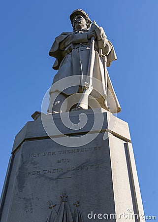 Looking up from the base of an American Civil War monument in Antietam National Cemetery in Sharpsburg, Maryland, USA. Editorial Stock Photo