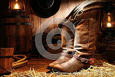 American West Rodeo Cowboy Boots In A Ranch Barn Royalty Free Stock ...
