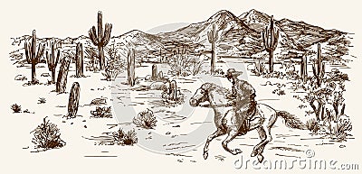 American wild west desert with cowboy Vector Illustration