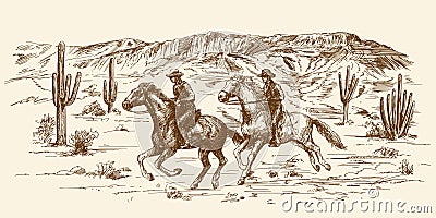 American wild west desert with cowboys. Vector Illustration