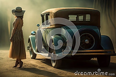 American woman near bllue car 1920 year. Generate Ai Stock Photo